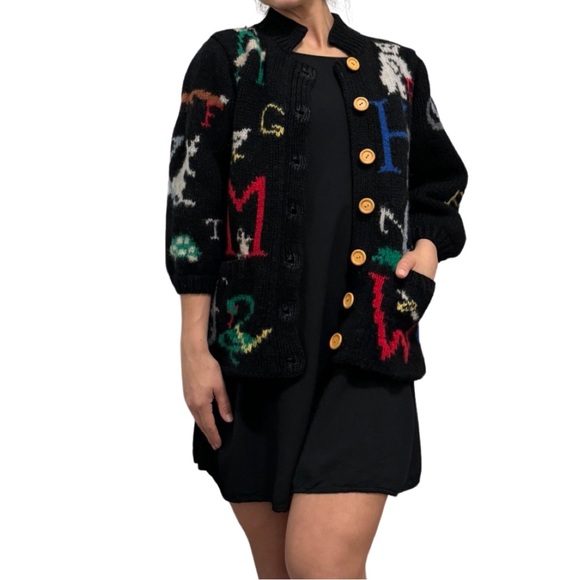 Vtg Moussie Susan Bristol Sweater Cardigan Wool ABCs Back To School Novelty S - Picture 2 of 10